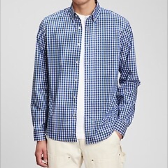 NWT. GAP Men’s Poplin Button Down Shirt in Untucked Fit. Blue Gingham. - Picture 3 of 10